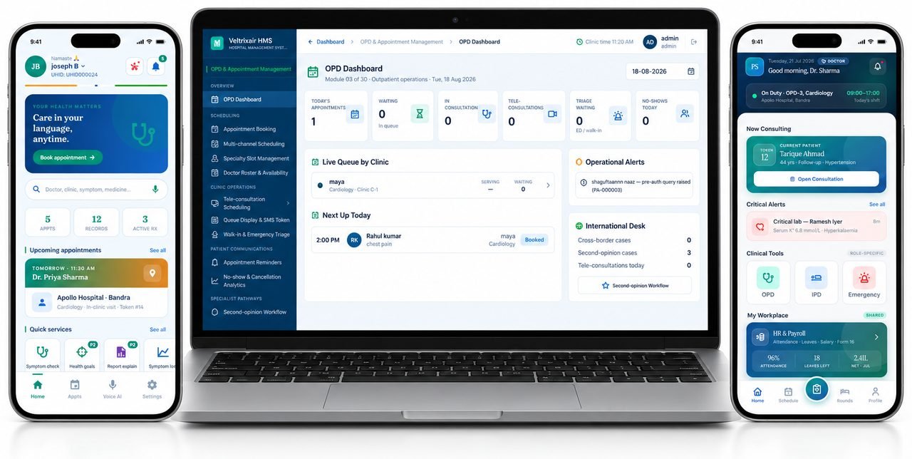 kNODE HMS on desktop with the patient and doctor mobile apps