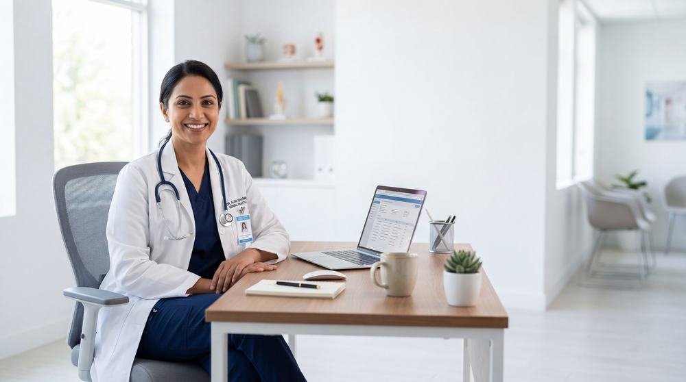 Doctor at her desk with patient records open in kNODE on a laptop