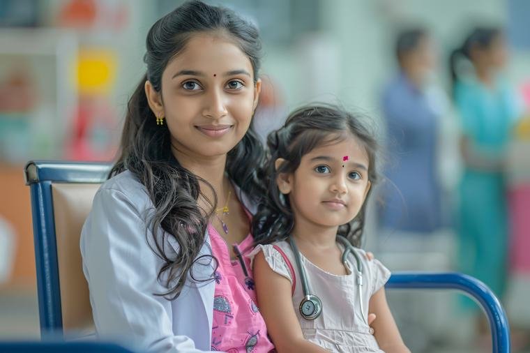 Doctor with a young patient in the paediatric ward