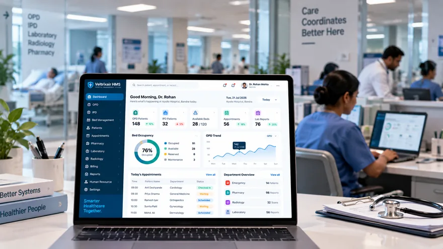 kNODE HMS All-in-One Software — live hospital dashboard on desktop