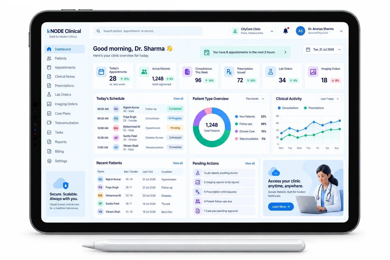kNODE Clinical HMS — clinic dashboard on laptop