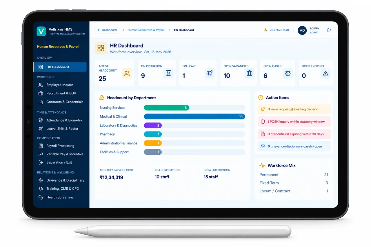 kNODE HRMS — HR & payroll dashboard on laptop