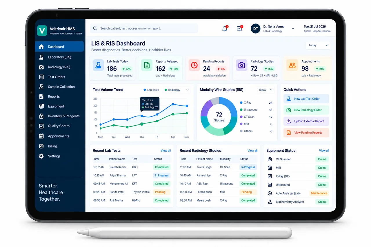 kNODE LIS & RIS — lab and radiology dashboard on laptop