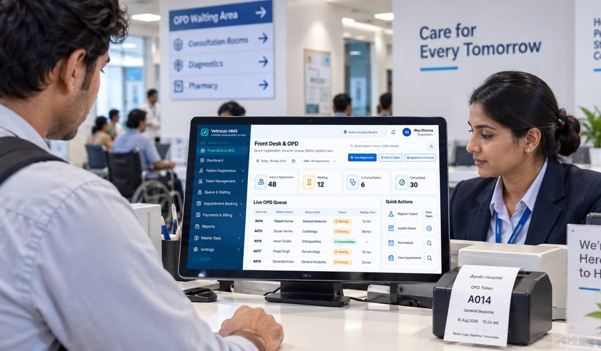 kNODE front desk and OPD queue screen at a hospital reception