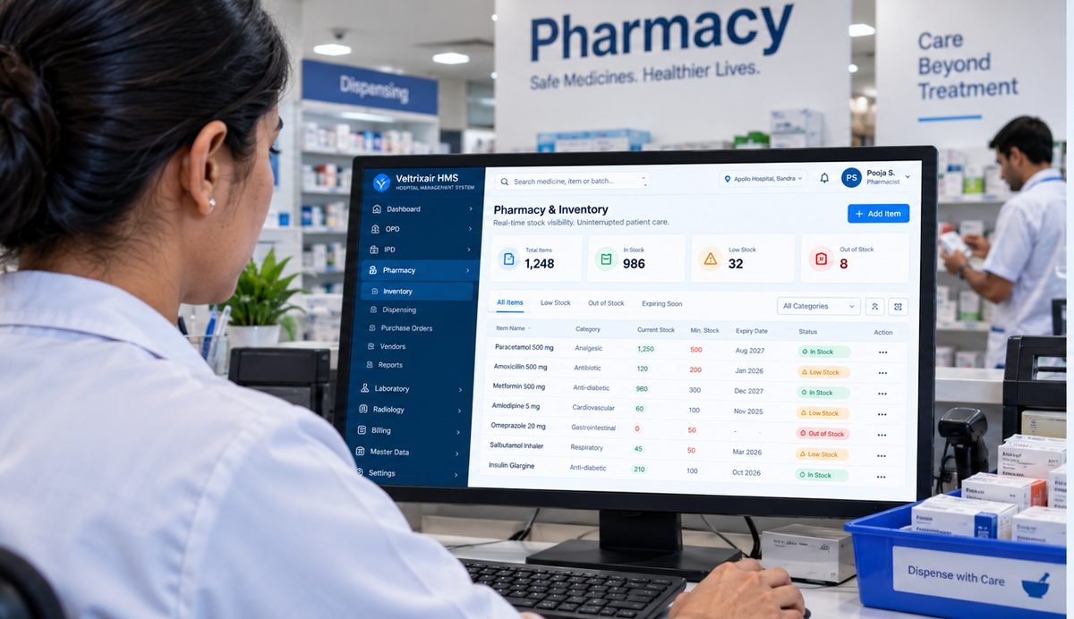 Pharmacist using kNODE pharmacy and inventory screen